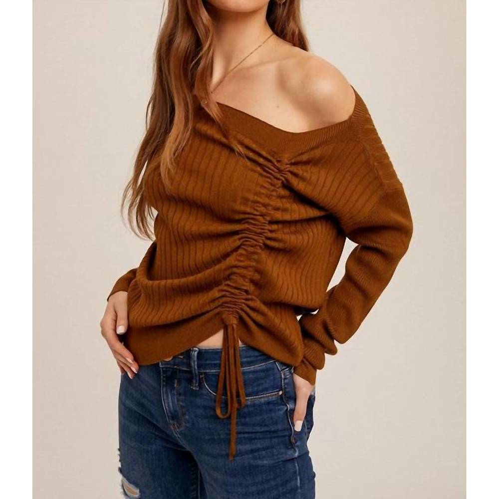 NEW HEM & THREAD ruched drawstring asymetrical sweater in chai
